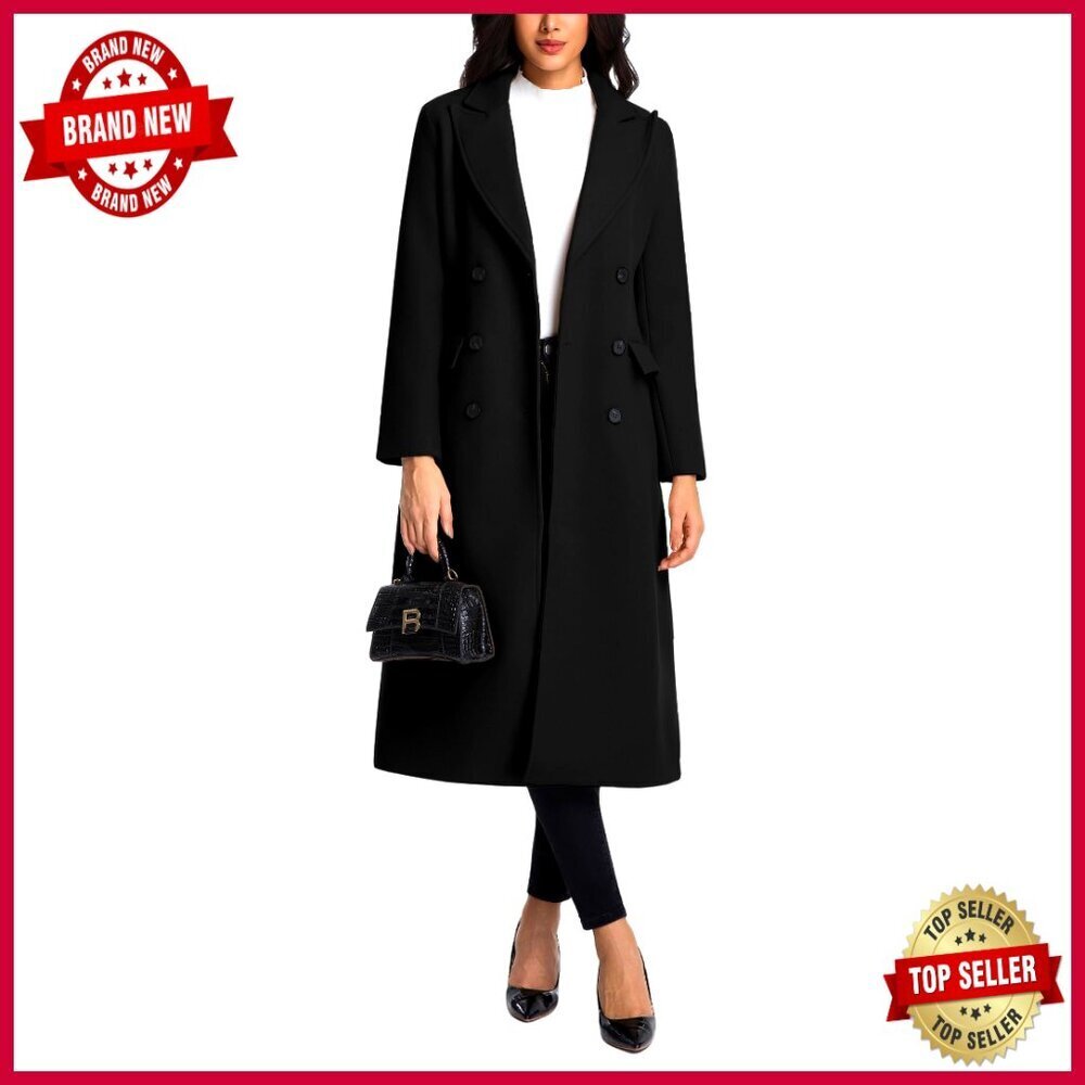 Long Wool Pea Coat Double Breasted Trench Classic Fit Below Knee